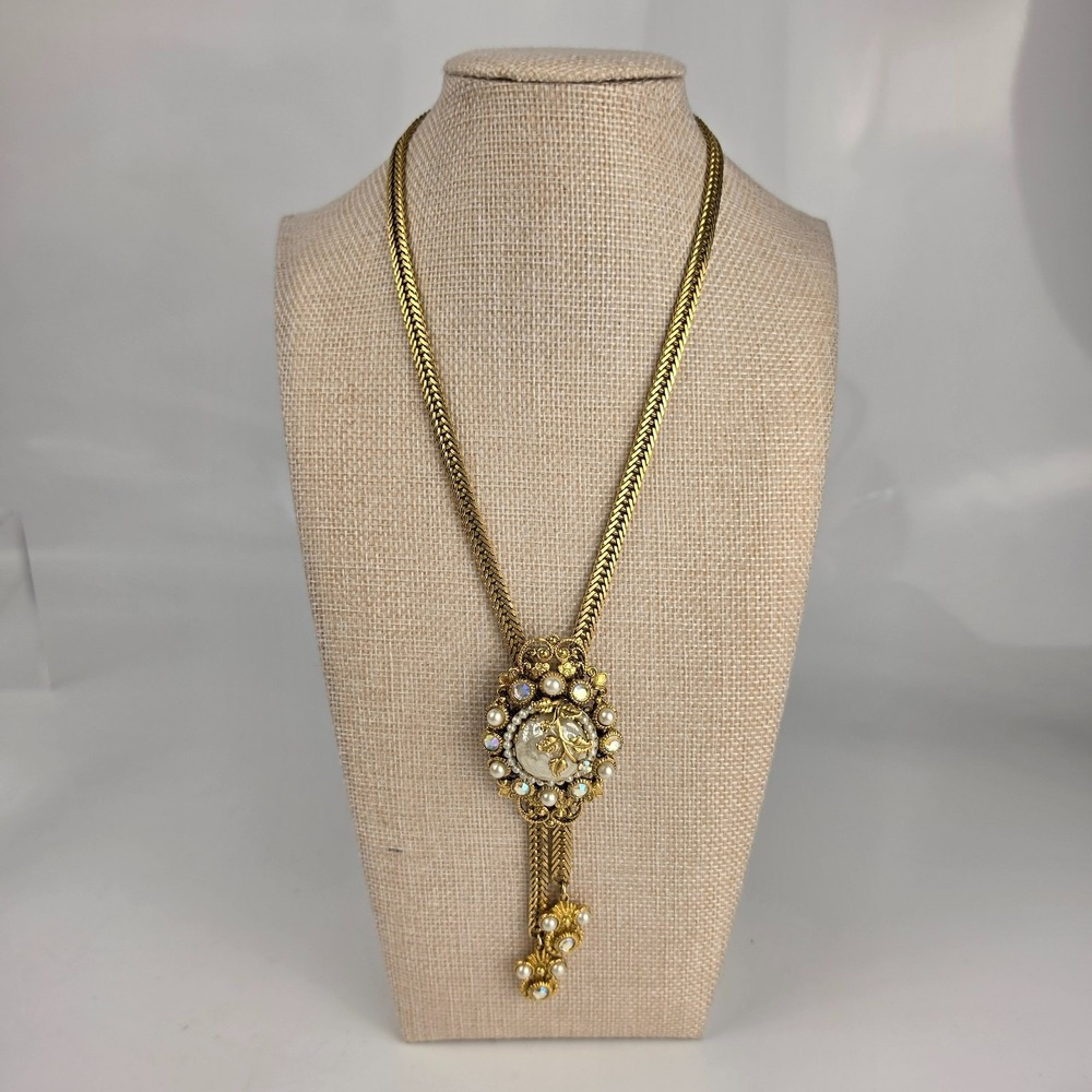 Signed Selro Corp Vintage Lariat Necklace AB Rhinestone Faux Pearl Herringbone‎